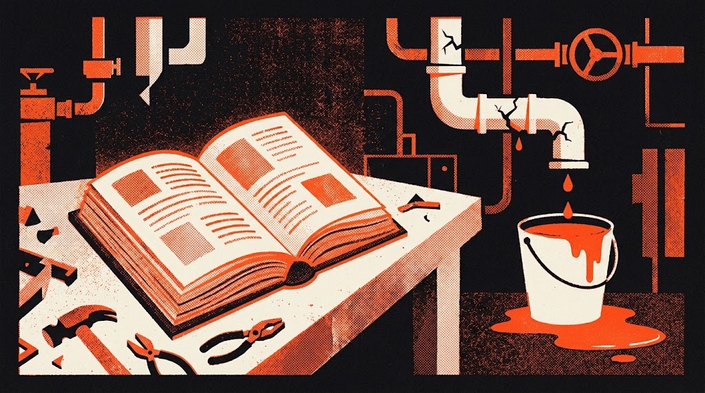 A glowing open book on a workbench in front of a cracked pipe dripping into an overflowing bucket.