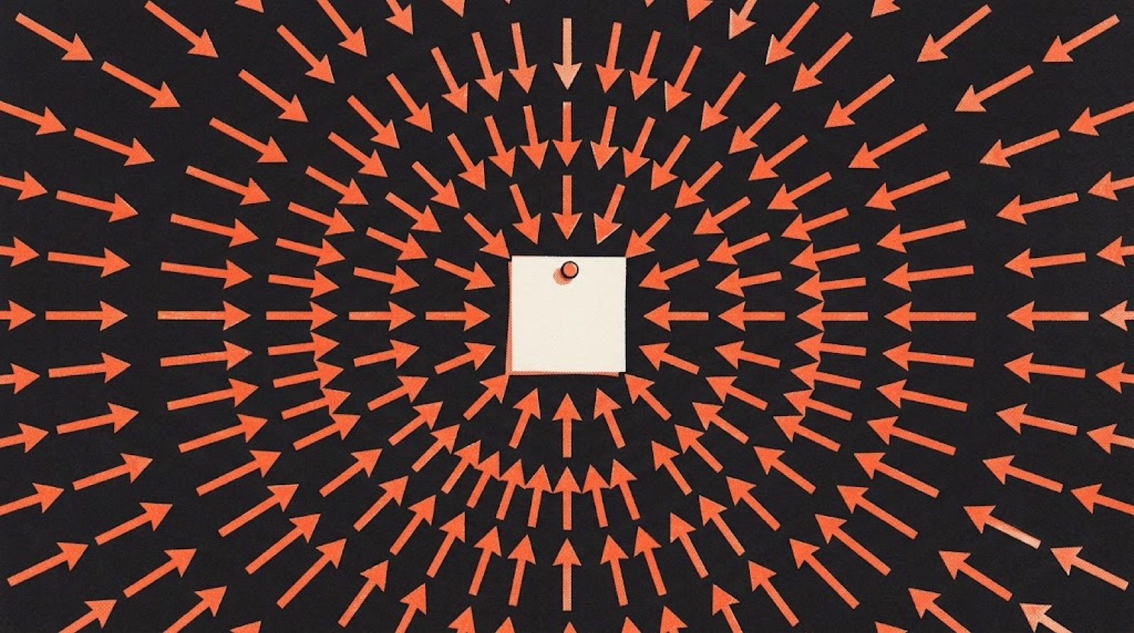 Dozens of orange arrows converging from all directions on one small white sheet pinned to a dark wall.