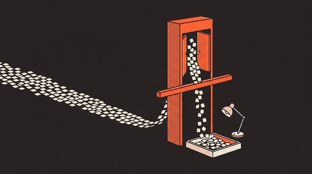 White tiles flowing toward a tall orange gauge with a horizontal bar; some pass through a gate, the rest drop into a tray under a lamp.