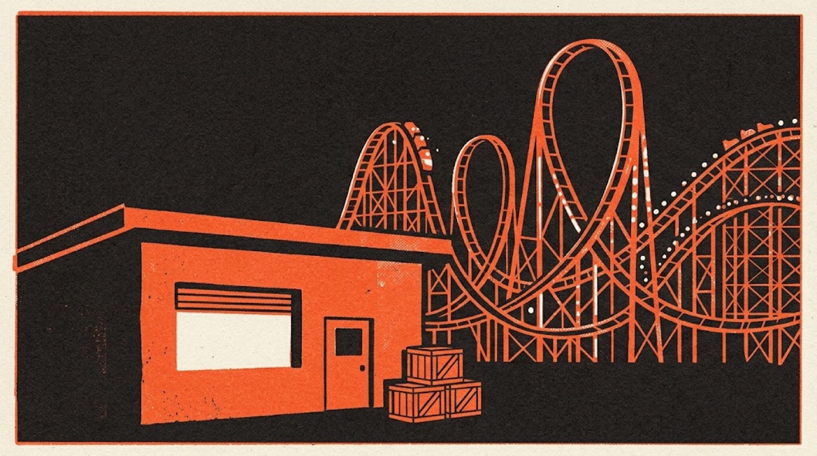 A plain lit workshop with stacked crates in front of a huge orange rollercoaster in the dark.