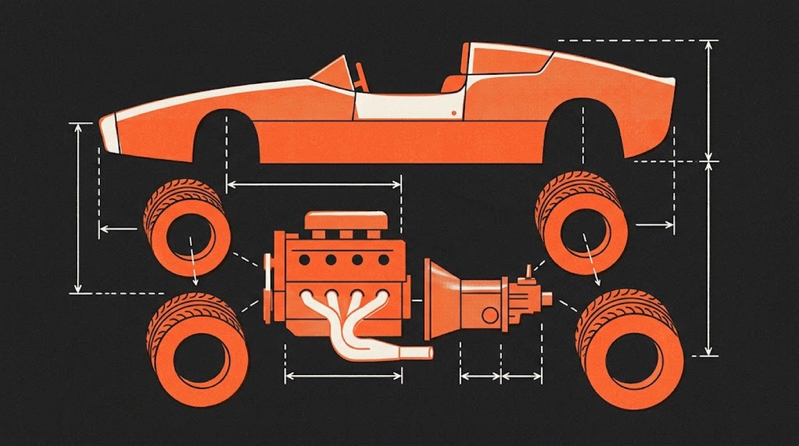 An exploded view of a racing car in flat orange shapes, its parts laid out with white measuring marks.