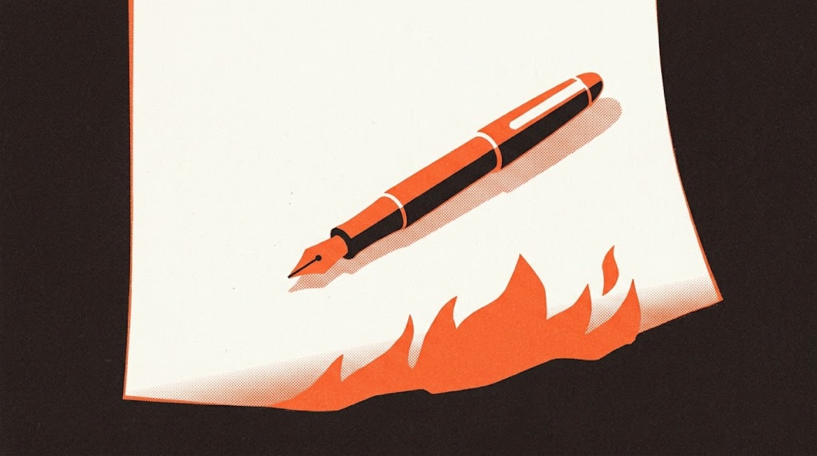 A fountain pen on a large page whose bottom edge is on fire, in flat orange and white shapes.