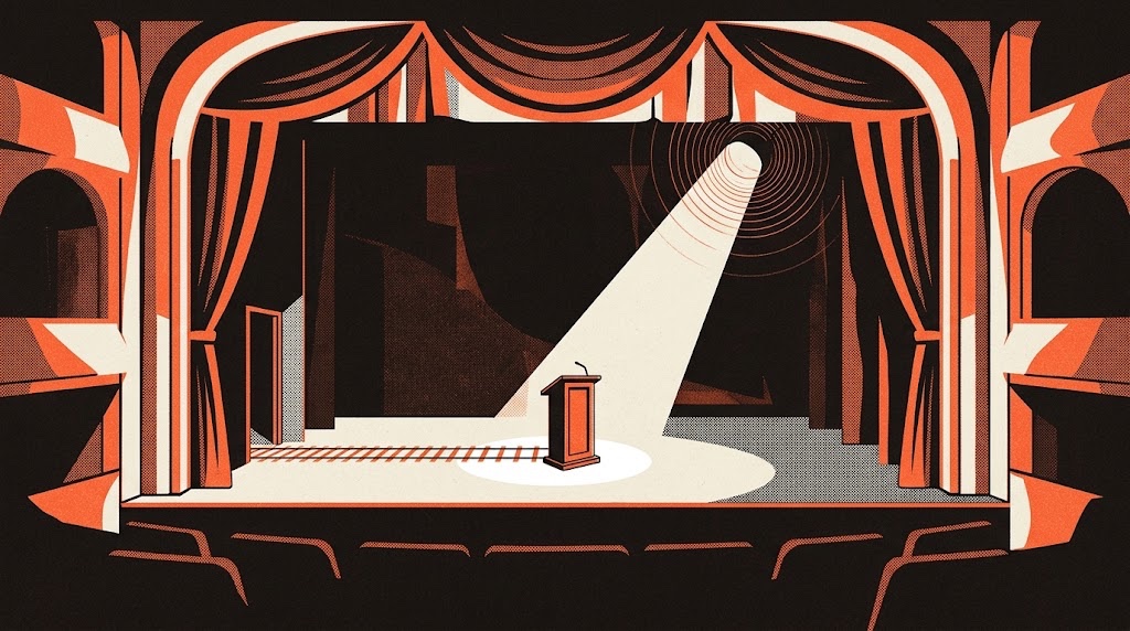 An empty spotlit lectern on a dark stage, with a small orange railway track leaving by a side door.