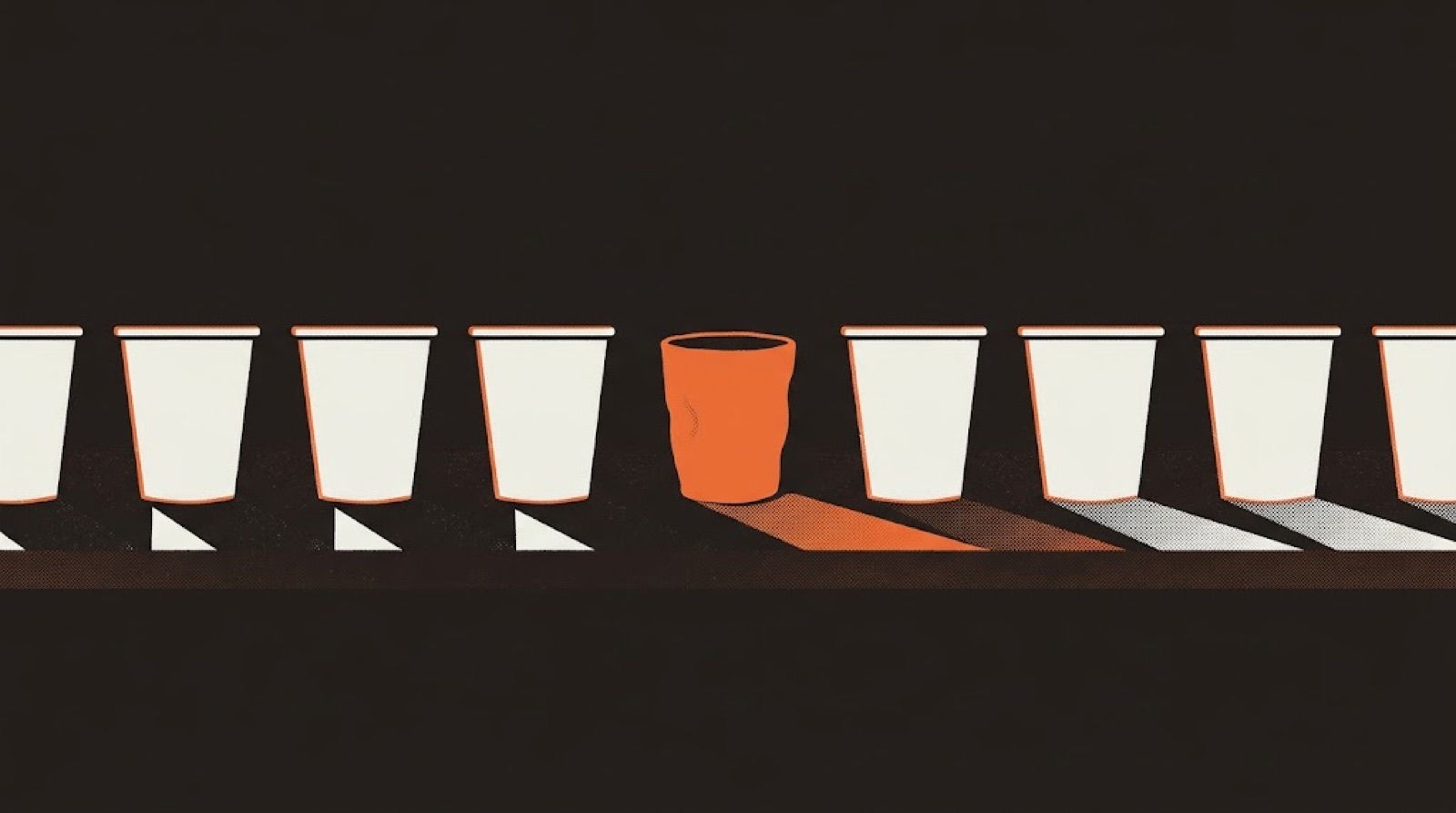 A shelf of identical white paper cups with one hand-thrown orange clay cup in the middle, casting a different shadow.