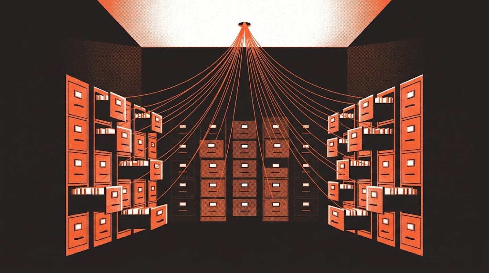 Open filing cabinets in a dark warehouse, an orange thread from each drawer running up through one hole in the ceiling.