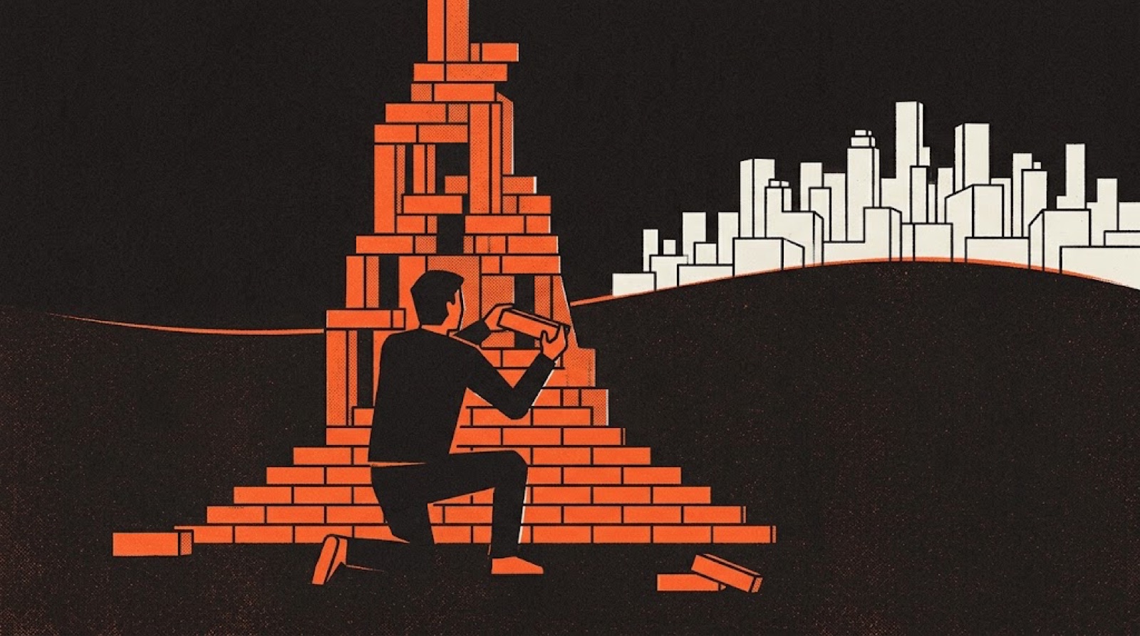 A figure builds an orange brick tower in a field, unaware of a finished white city just over the hill behind them.