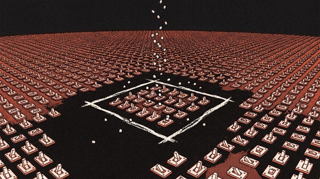 A horizon-wide field of tiny brass switches flipped by falling coal grains, with a chalk line around one small patch.