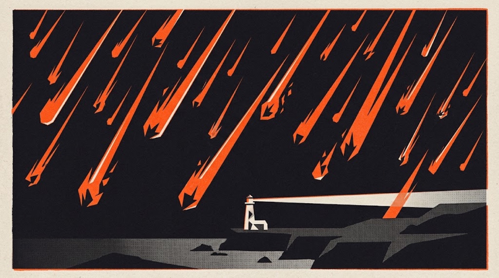 Many orange shooting stars burning out over a dark sea, and one steady white lighthouse beam.