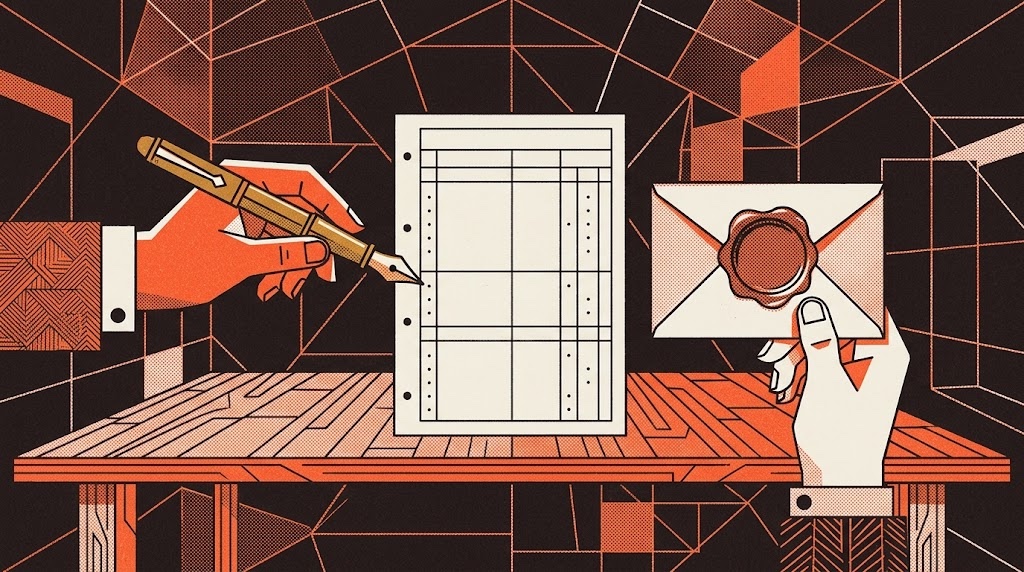 Two hands reach towards one blank ledger page from opposite sides of a table, one holding a fountain pen and one a sealed envelope.