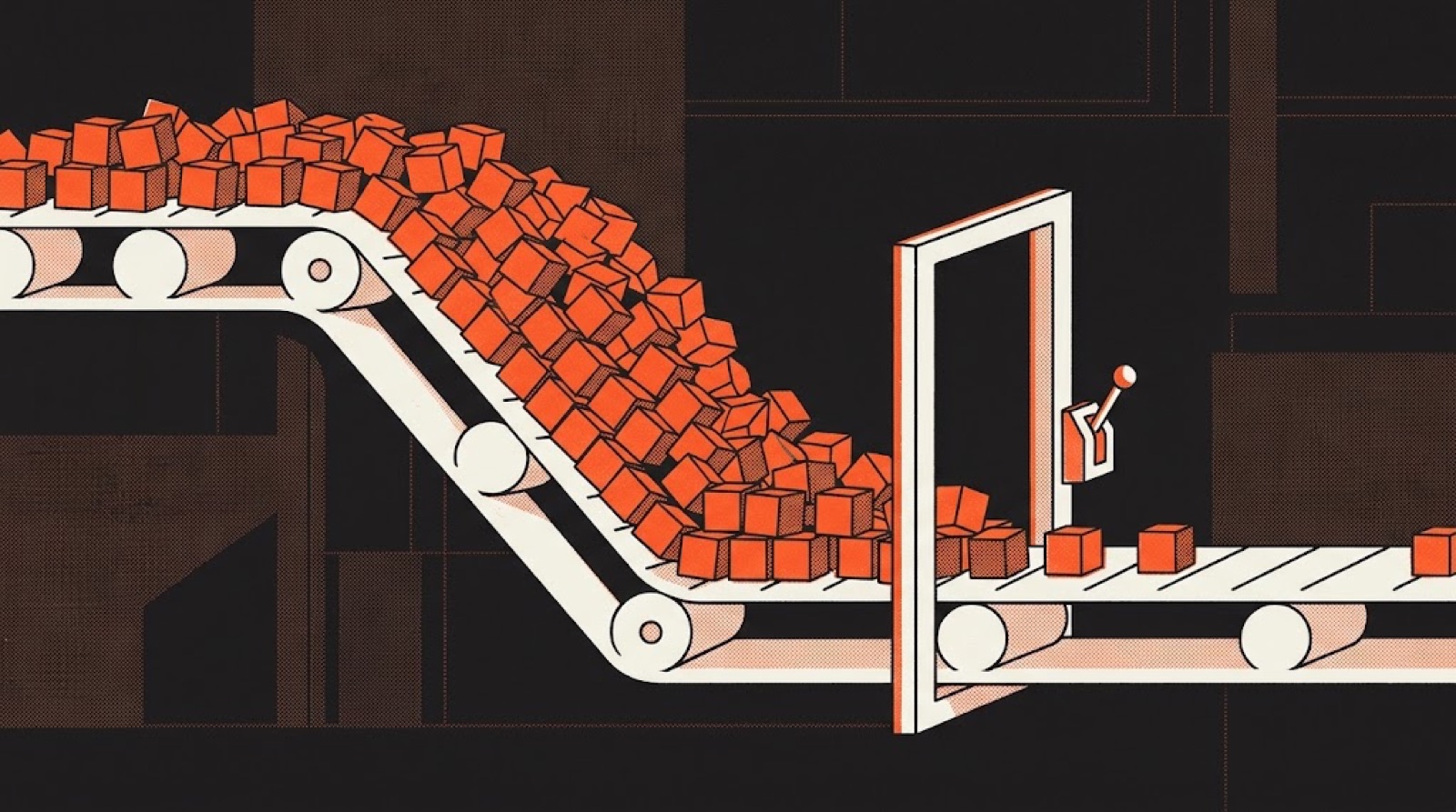 A crowded conveyor of orange blocks narrowing into one small white gate, with almost nothing on the far side.