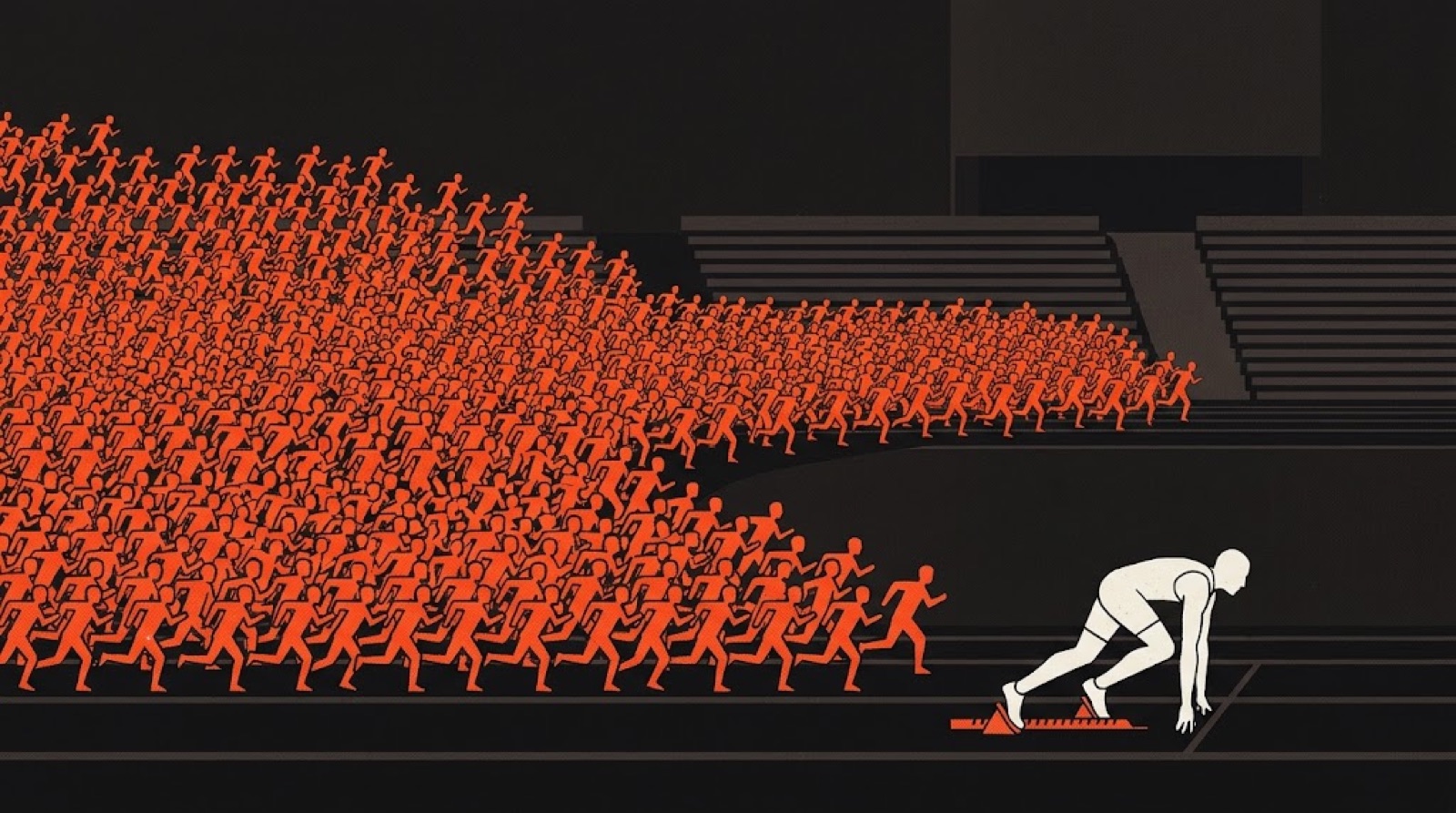 One white runner at a starting line while a dense field of tiny orange figures sprints past from behind.